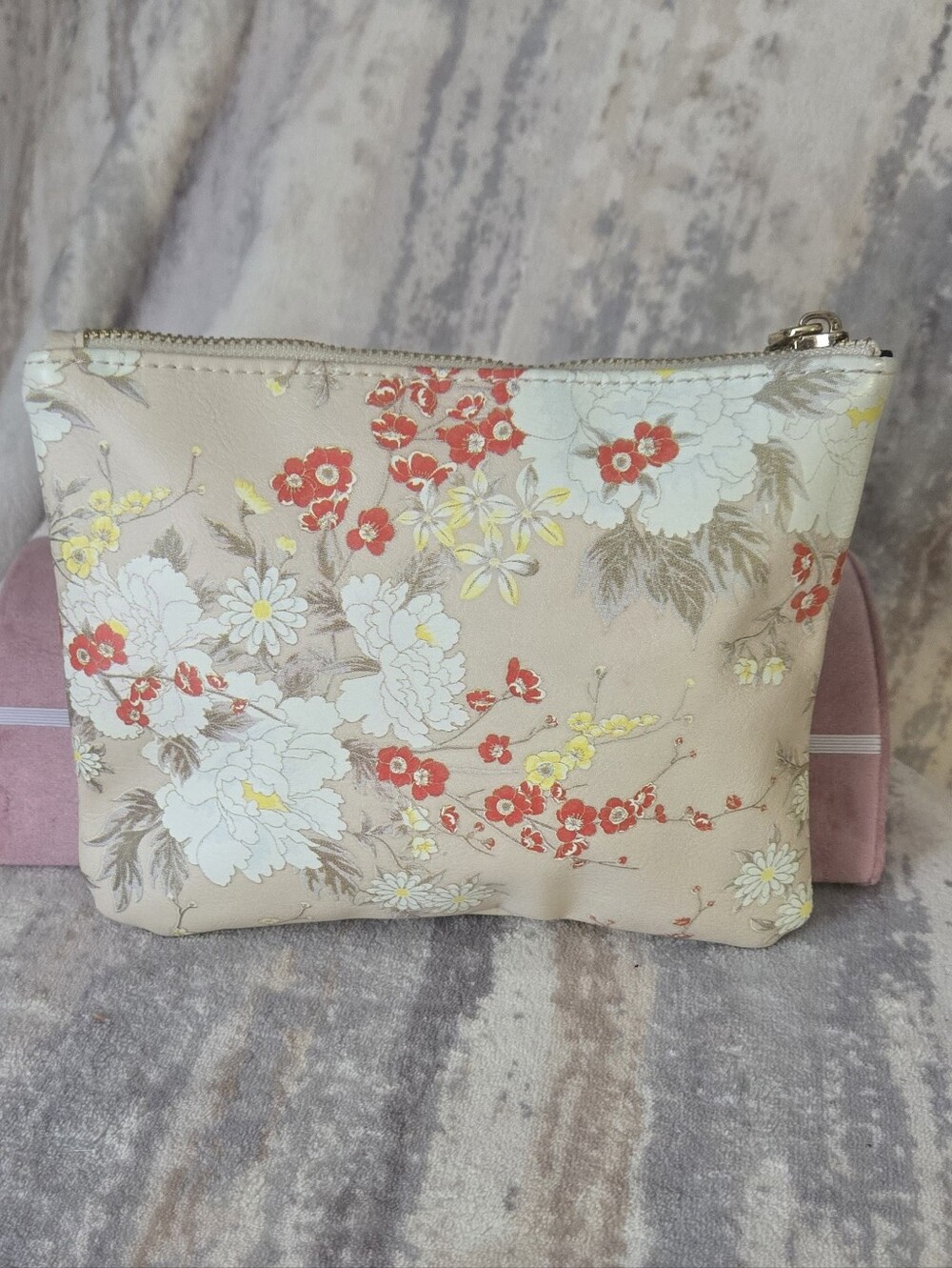 Big Buddha Floral Zip Cosmetic Pouch in Beige and Coral